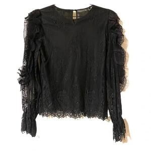 Sweet Rain Women’s Black Floral Lace Ruffle Long Sleeve Top Blouse Shirt Small
